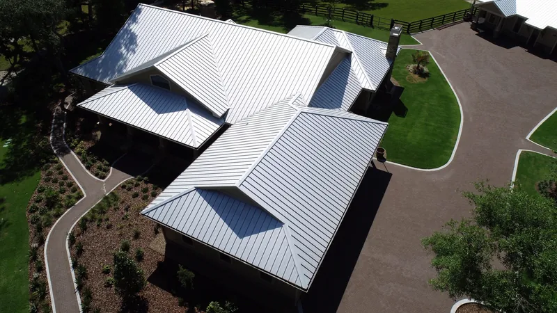 Drone view of a newly installed metal roof